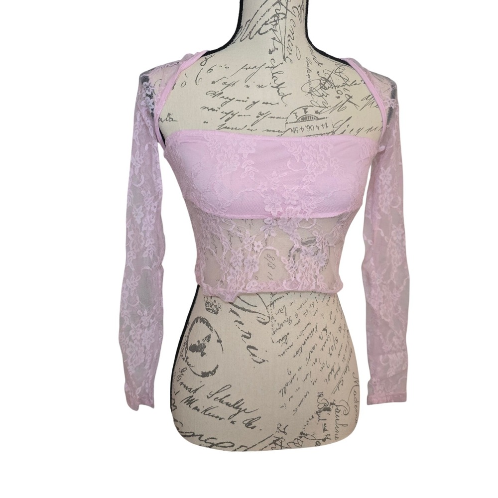 SHEIN Pink Lace Crop Top Bolero  Sheer Mesh Coquette glam grunge whimsigoth